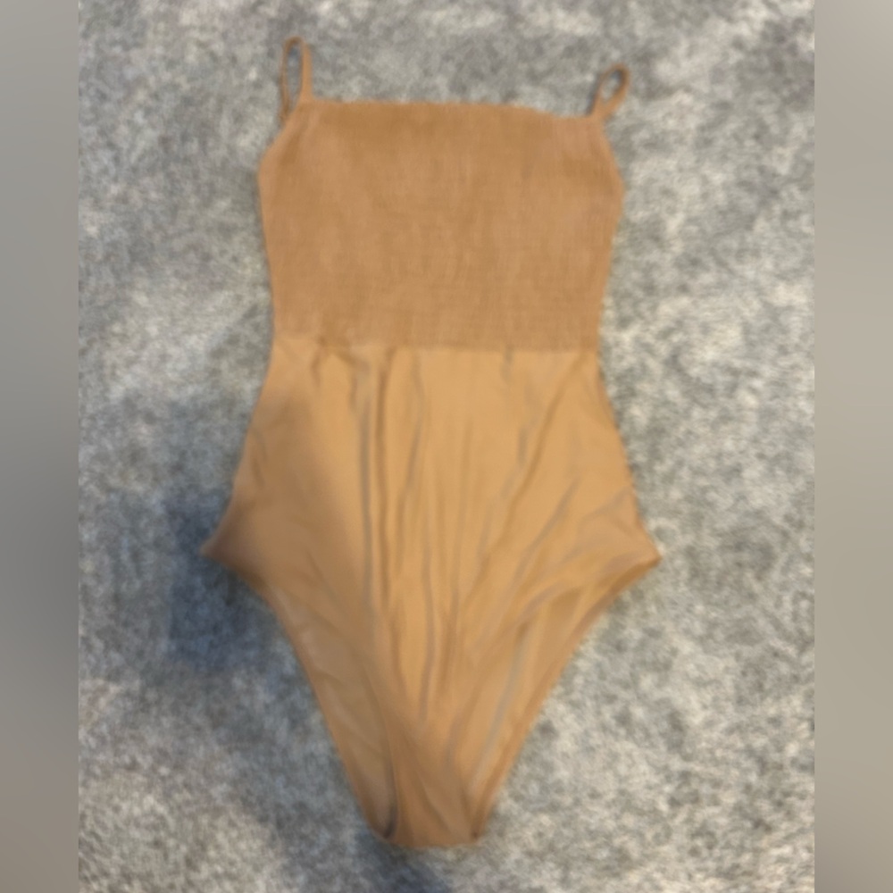 AERIE Tan One-Piece Swimsuit, Ruffled Texture top, size Large
